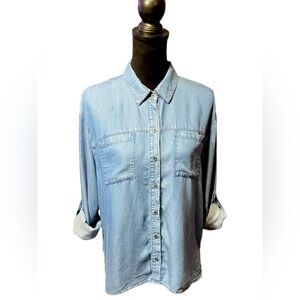 Jane + Delancey Chambray Button Down Casual Shirt with Tab Sleeve Size Medium